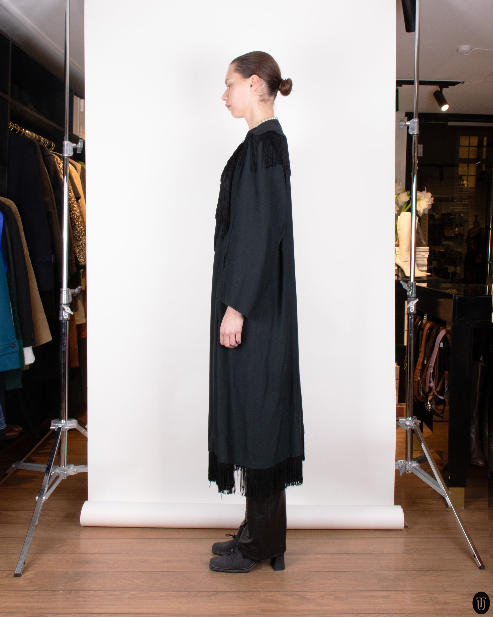 SS89 Moschino Couture Black Fringe Wrap Coat L