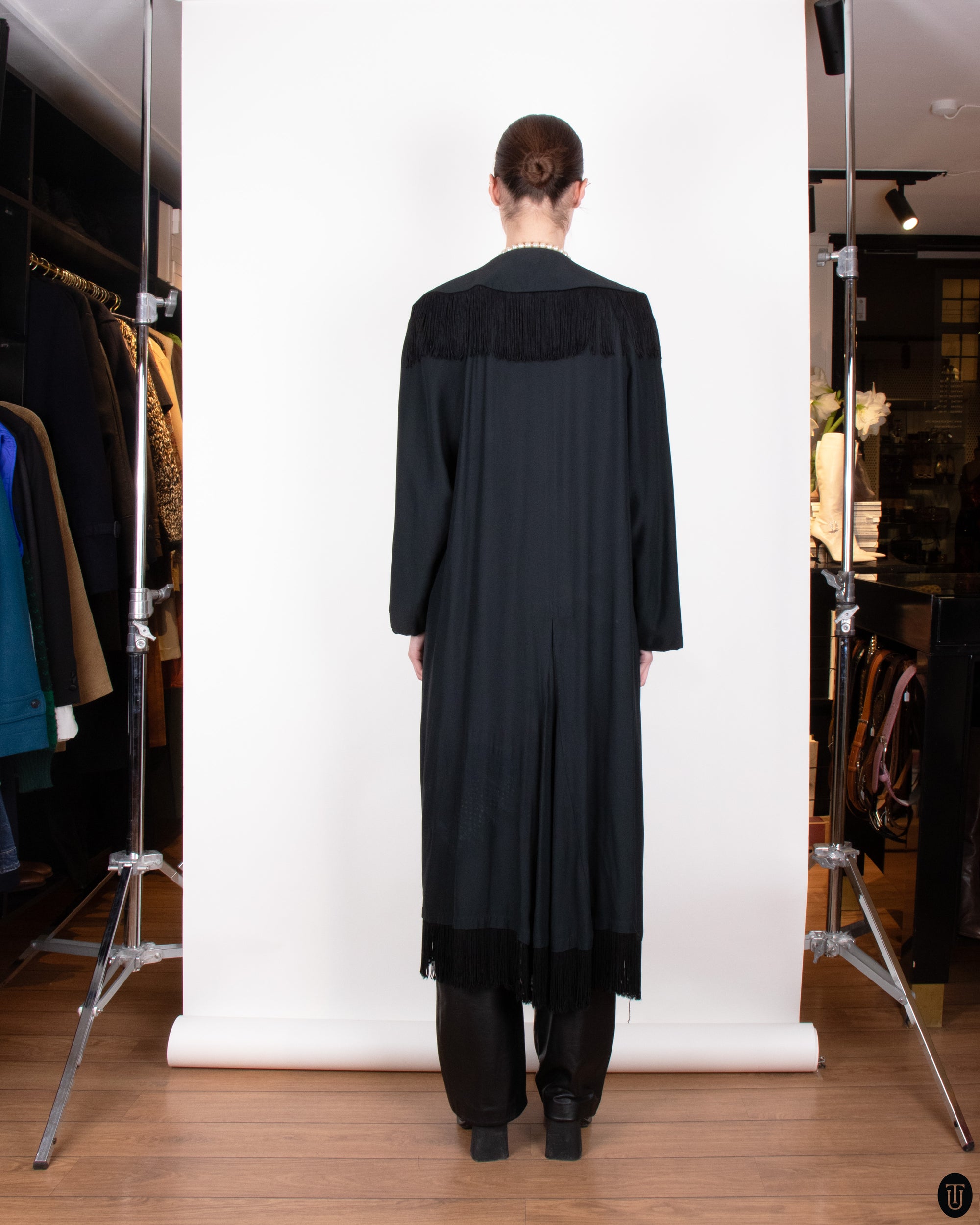 SS89 Moschino Couture Black Fringe Wrap Coat L