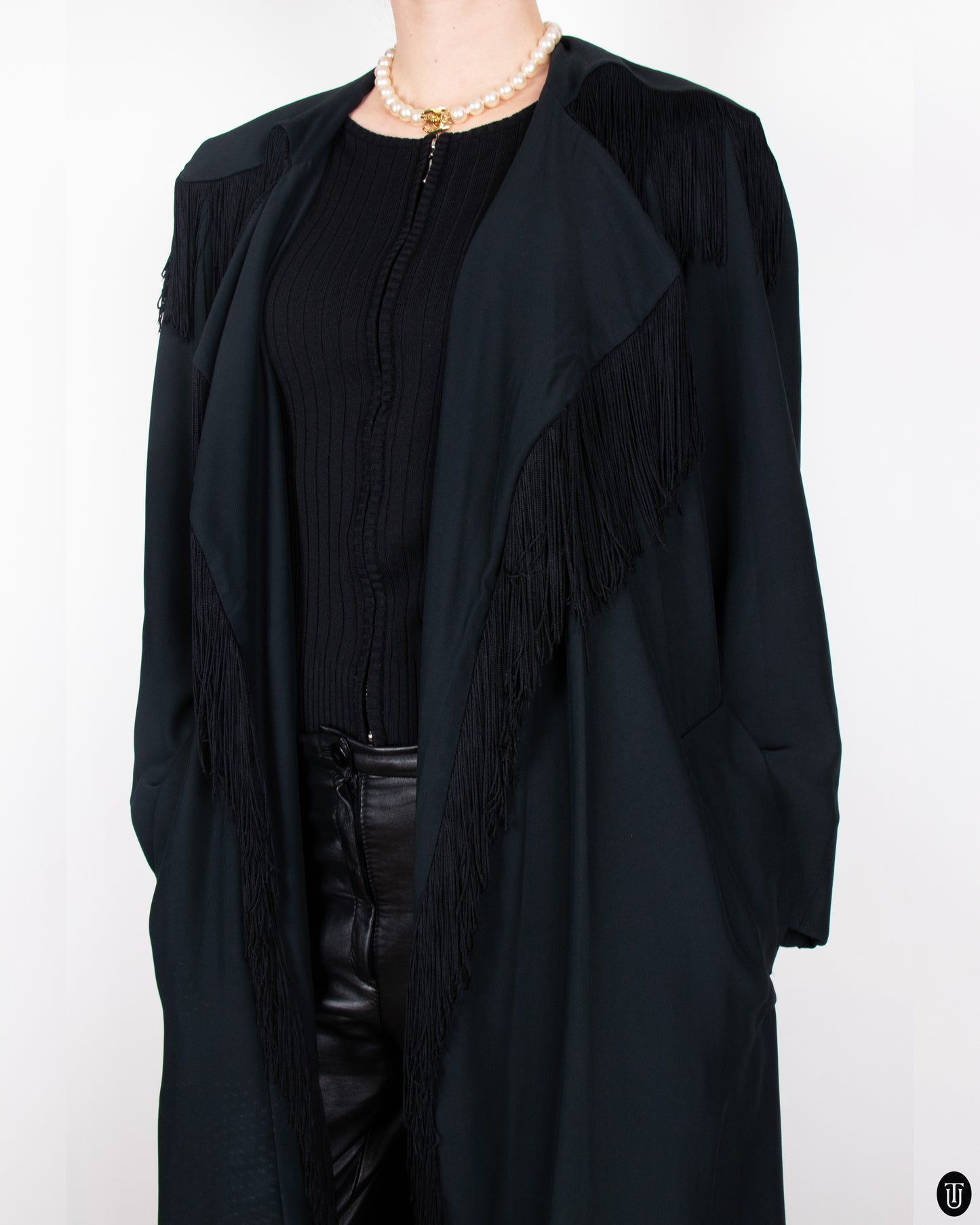 SS89 Moschino Couture Black Fringe Wrap Coat L