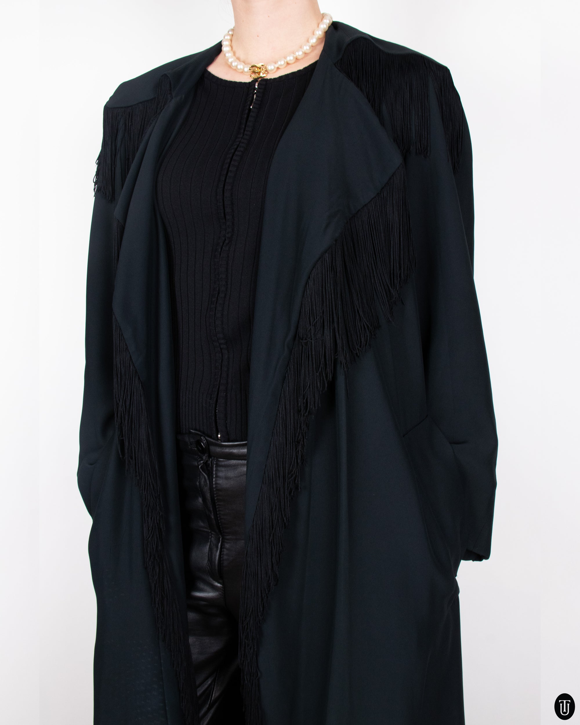 SS89 Moschino Couture Black Fringe Wrap Coat L