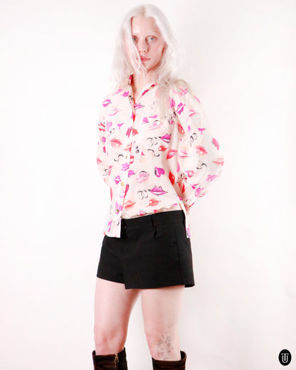 90's Chanel Lipstick Print Silk Blouse M