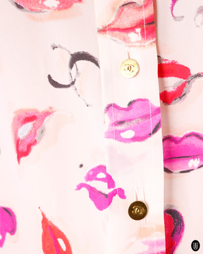 90's Chanel Lipstick Print Silk Blouse M