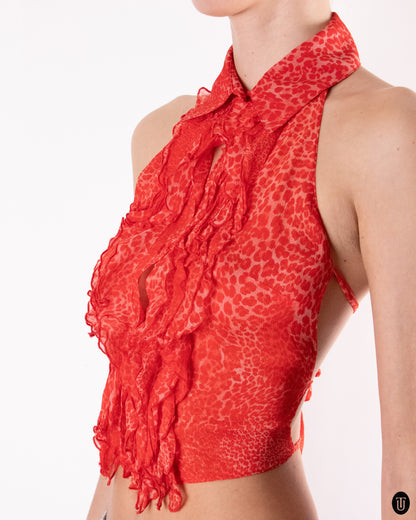 00's Blumarine Backless Red Ruffled Silk Top S