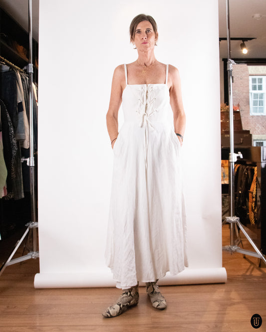 80's Montana White Linen Lace Up Dress M