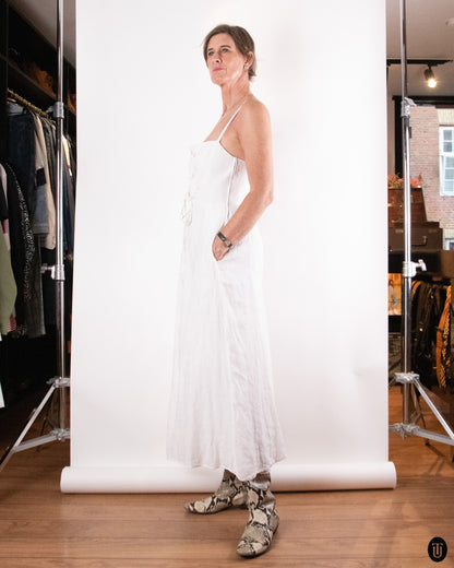 80's Montana White Linen Lace Up Dress M