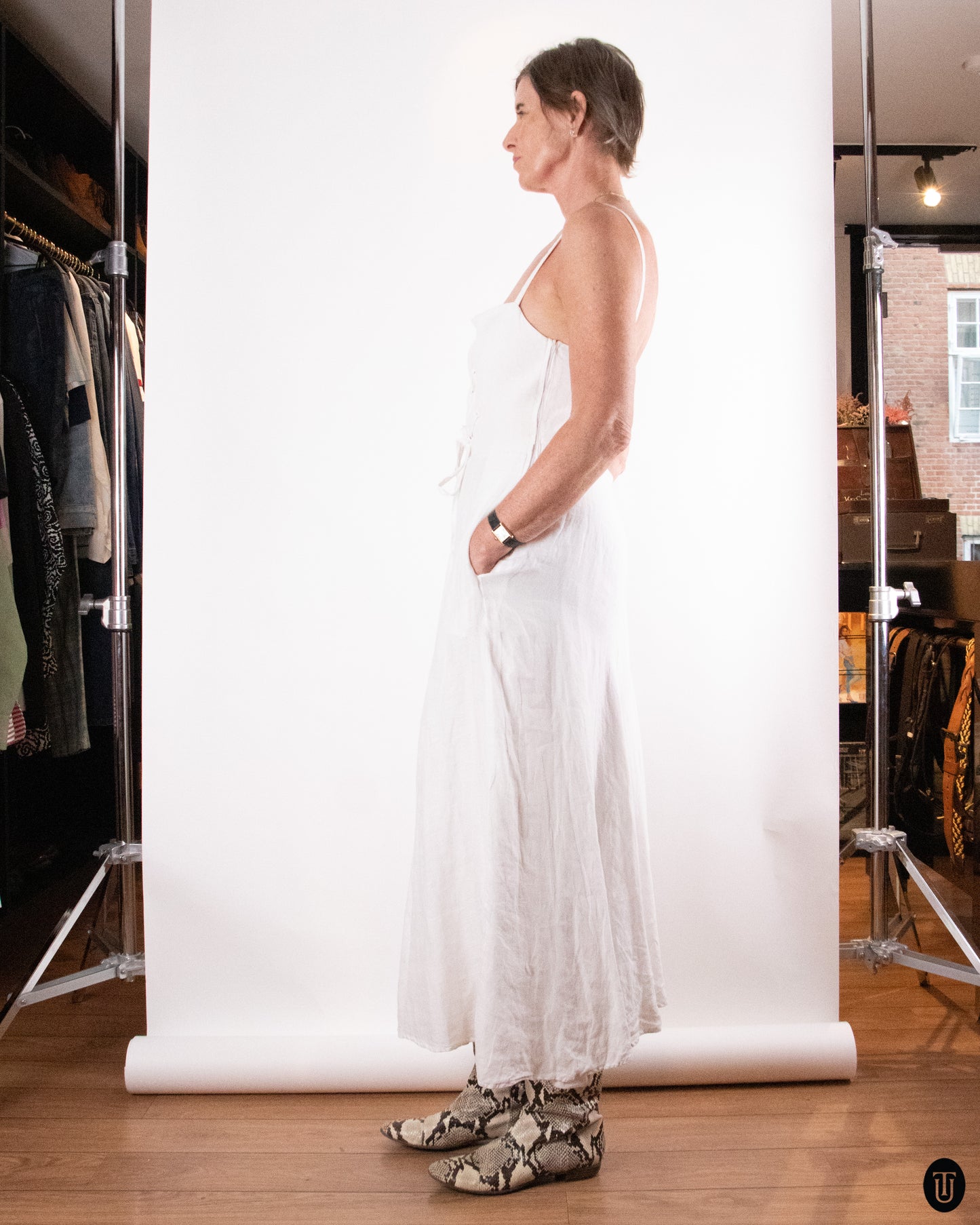 80's Montana White Linen Lace Up Dress M