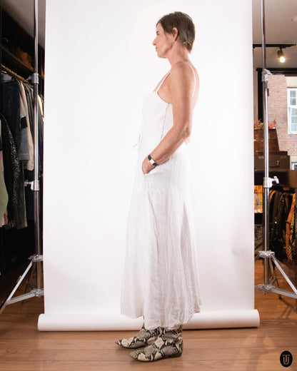 80's Montana White Linen Lace Up Dress M