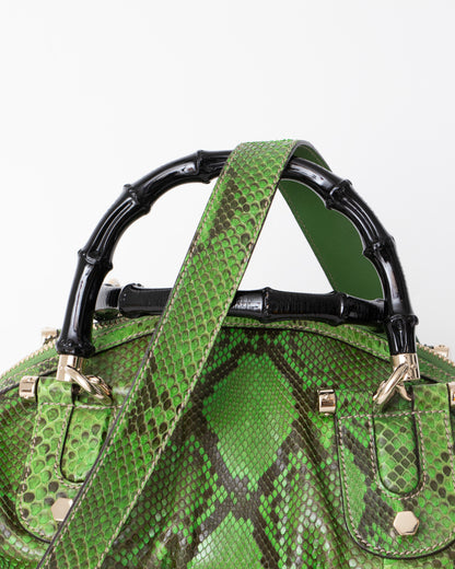 00s Gucci Green Python Pop Handbag with Bamboo Handle