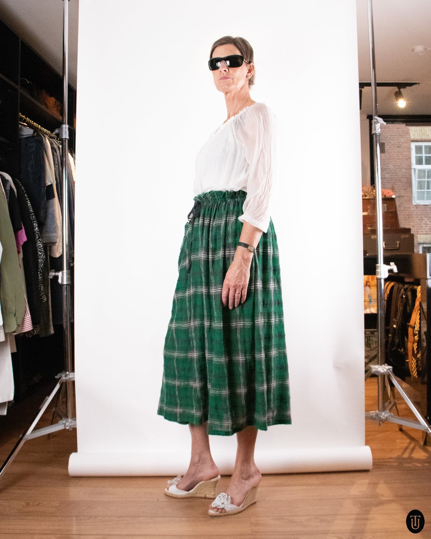 90's Yohji Yamamoto "Y's" Drawstring Green Wool Plaid Maxi Skirt M