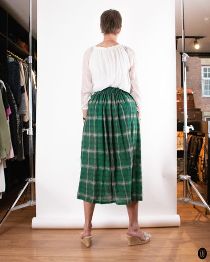 90's Yohji Yamamoto "Y's" Drawstring Green Wool Plaid Maxi Skirt M
