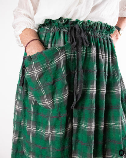 90's Yohji Yamamoto "Y's" Drawstring Green Wool Plaid Maxi Skirt M
