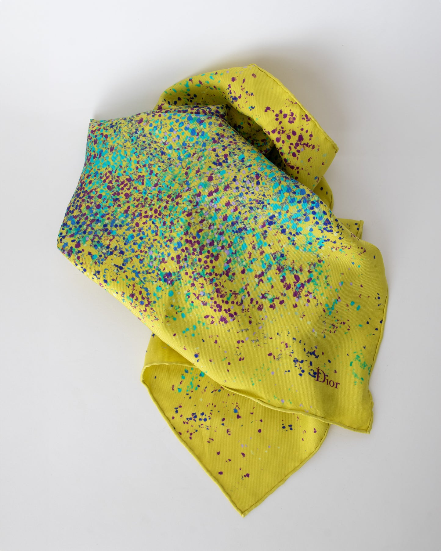 Dior Yellow Silk Scarf with Multi-Colored Dots