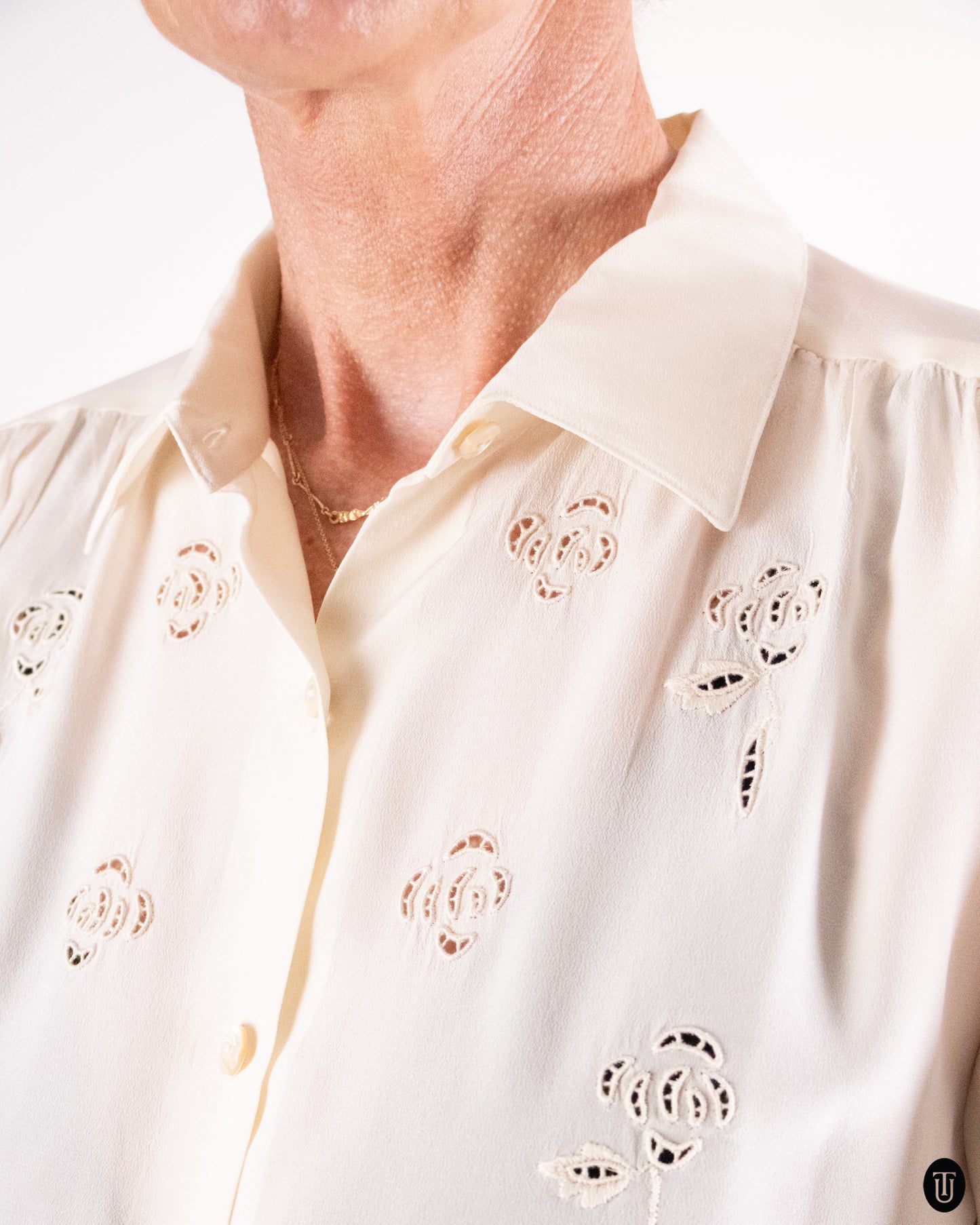 60's Silk Floral Cut-Out Blouse S