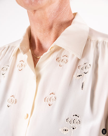 60's Silk Floral Cut-Out Blouse S