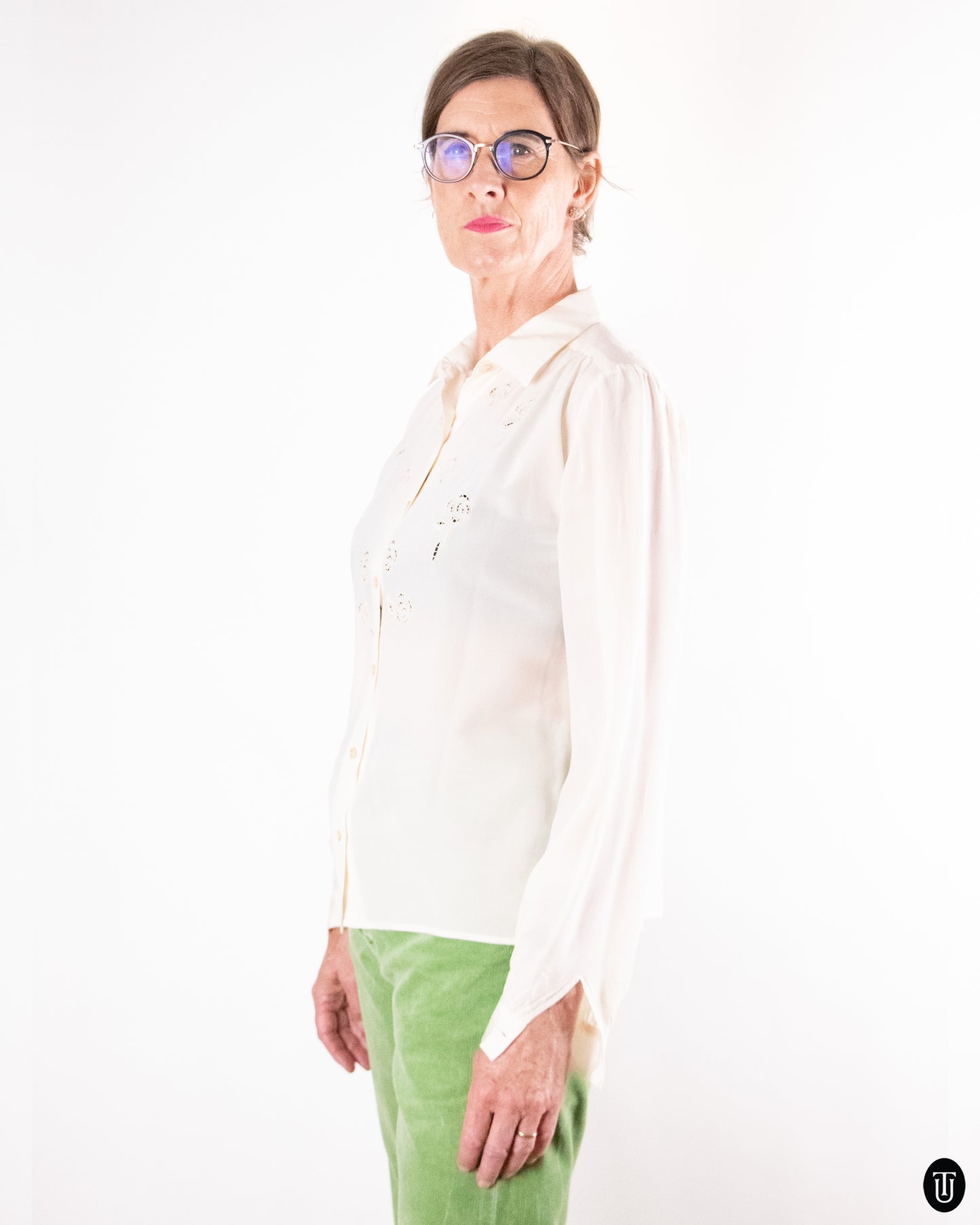 60's Silk Floral Cut-Out Blouse S