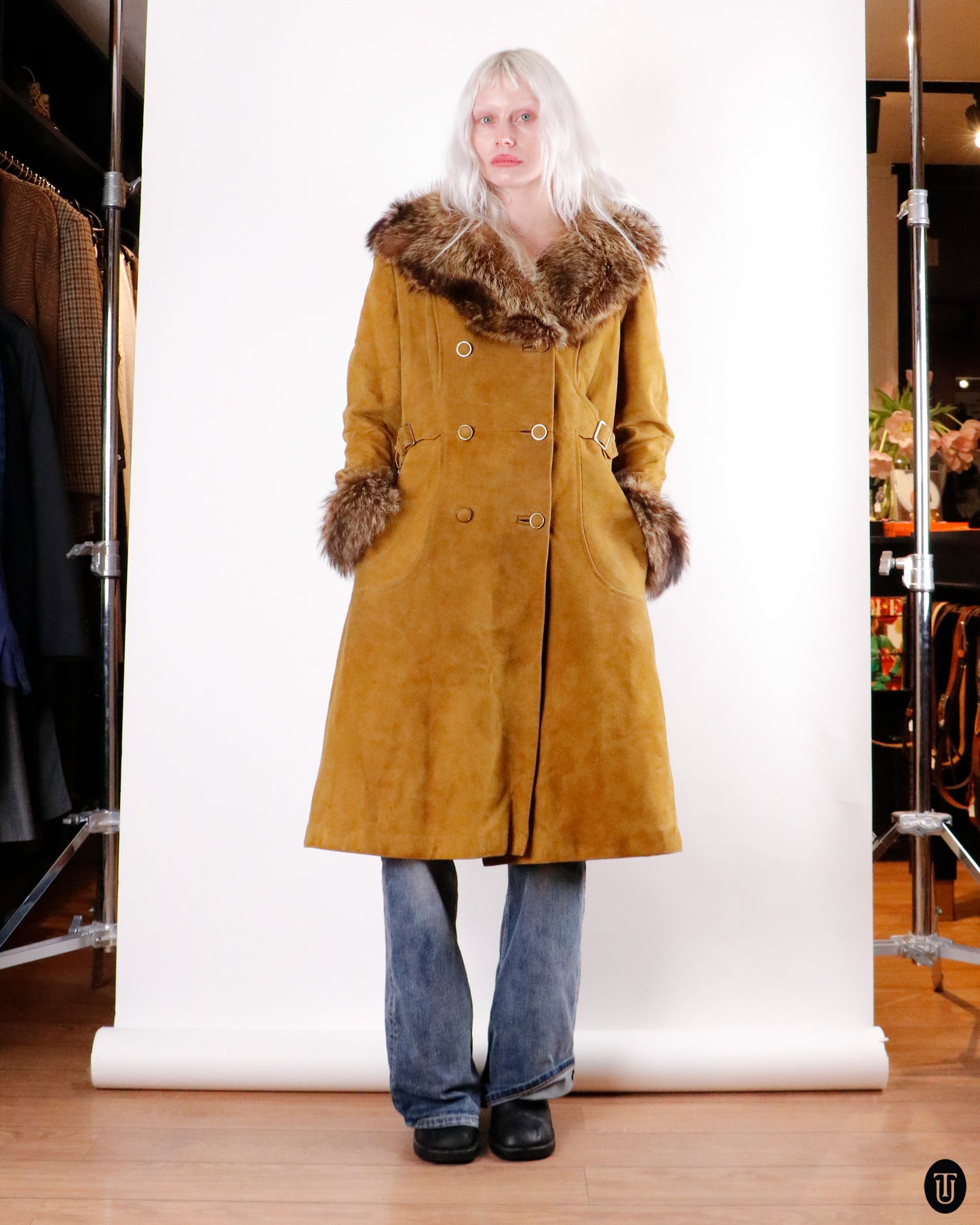 70's A.C Bang Suede & Fox Fur Coat M