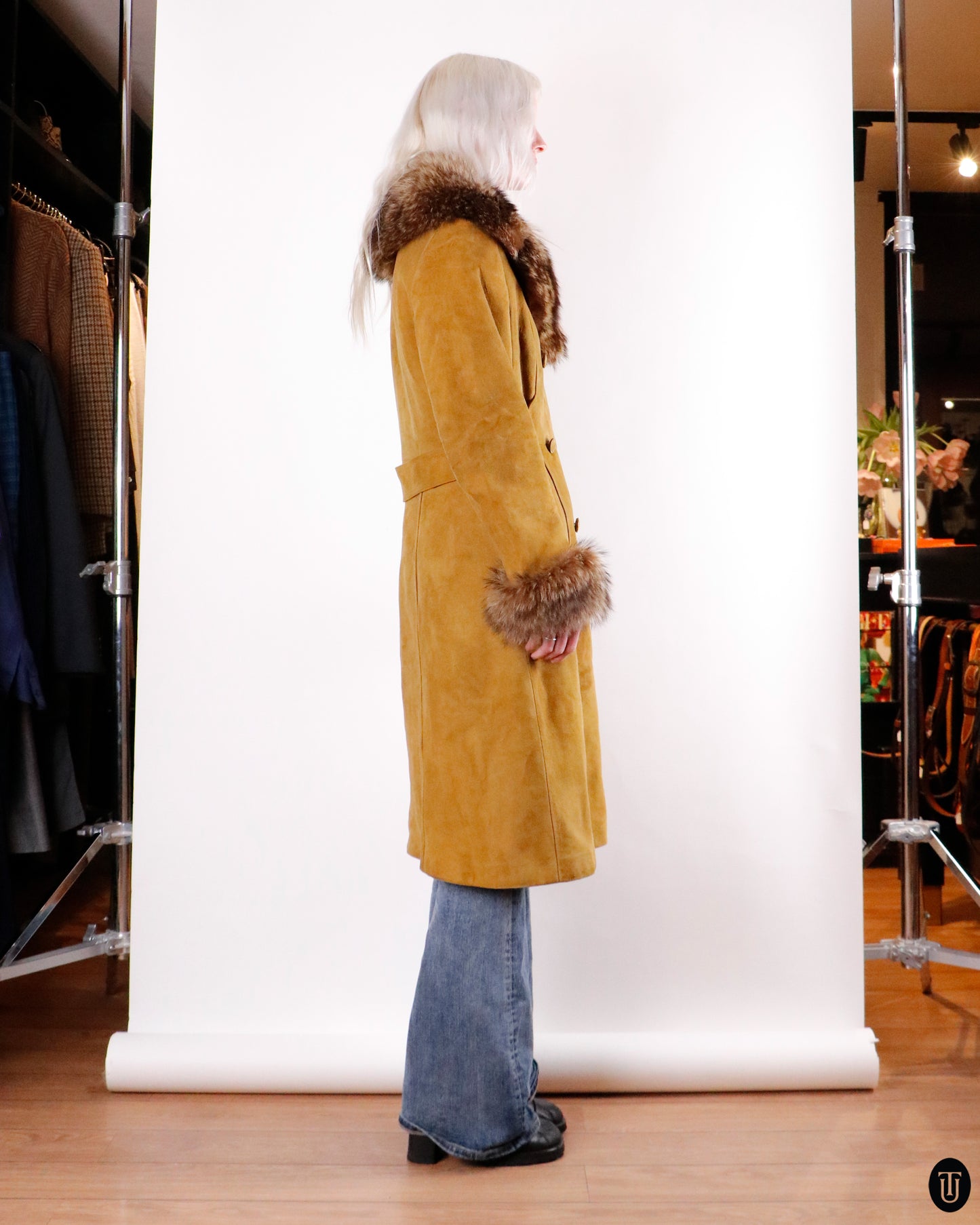 70's A.C Bang Suede & Fox Fur Coat M