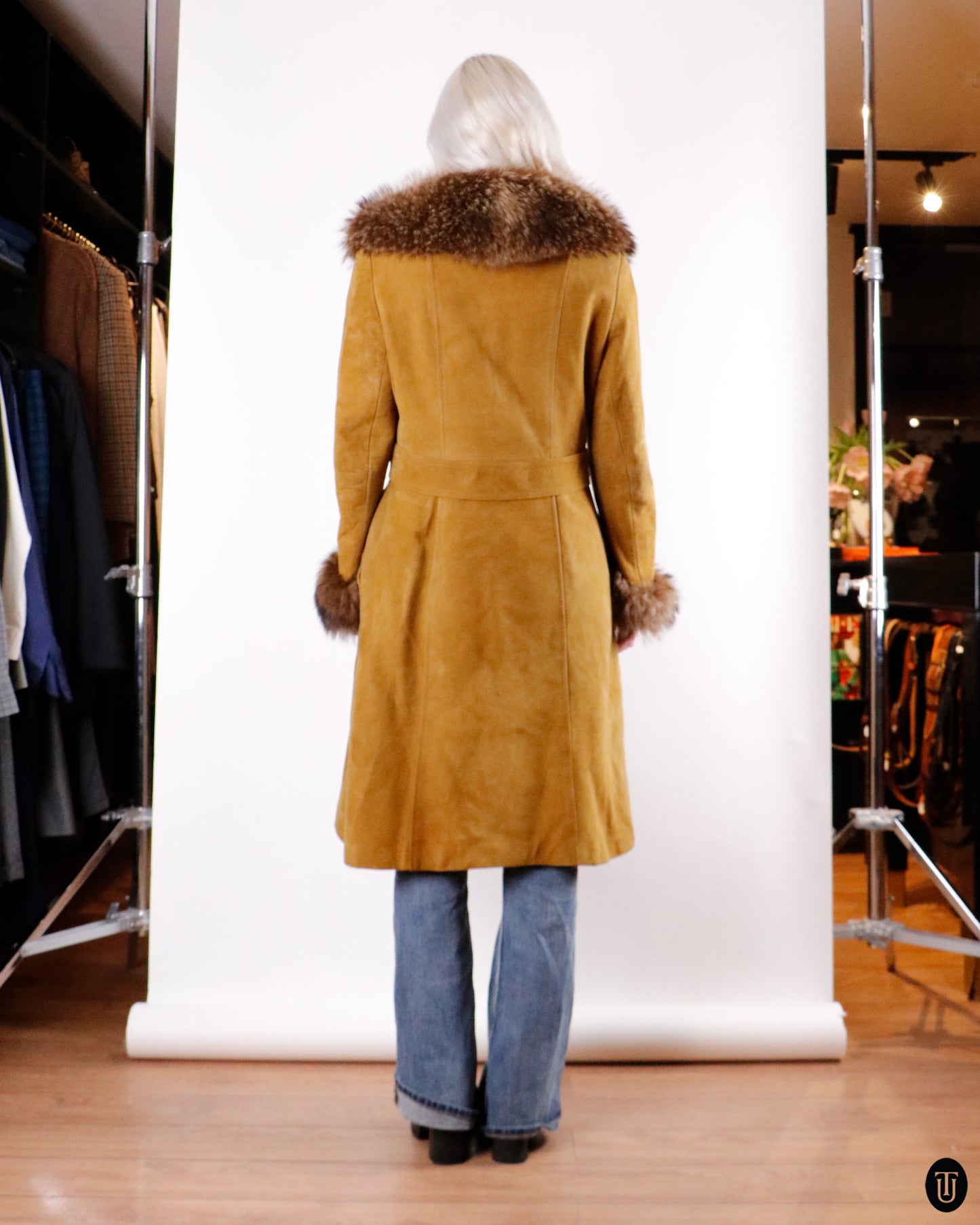 70's A.C Bang Suede & Fox Fur Coat M