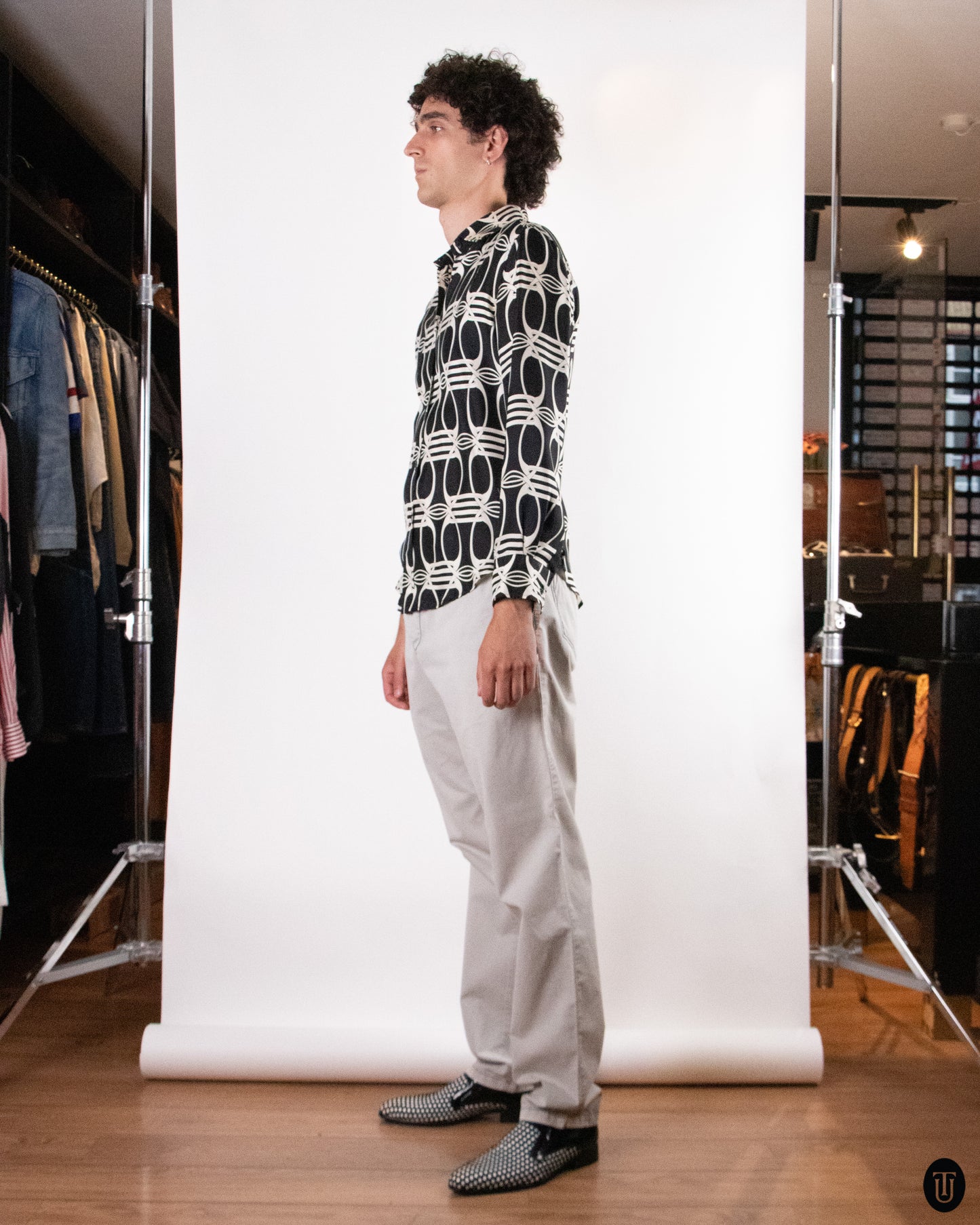 70's Gucci Horse-Buckle Print Silk Shirt L