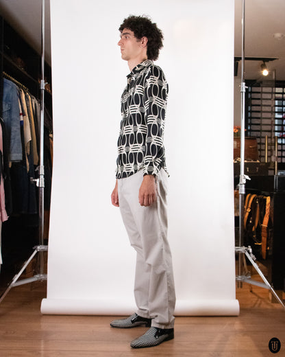 70's Gucci Horse-Buckle Print Silk Shirt L