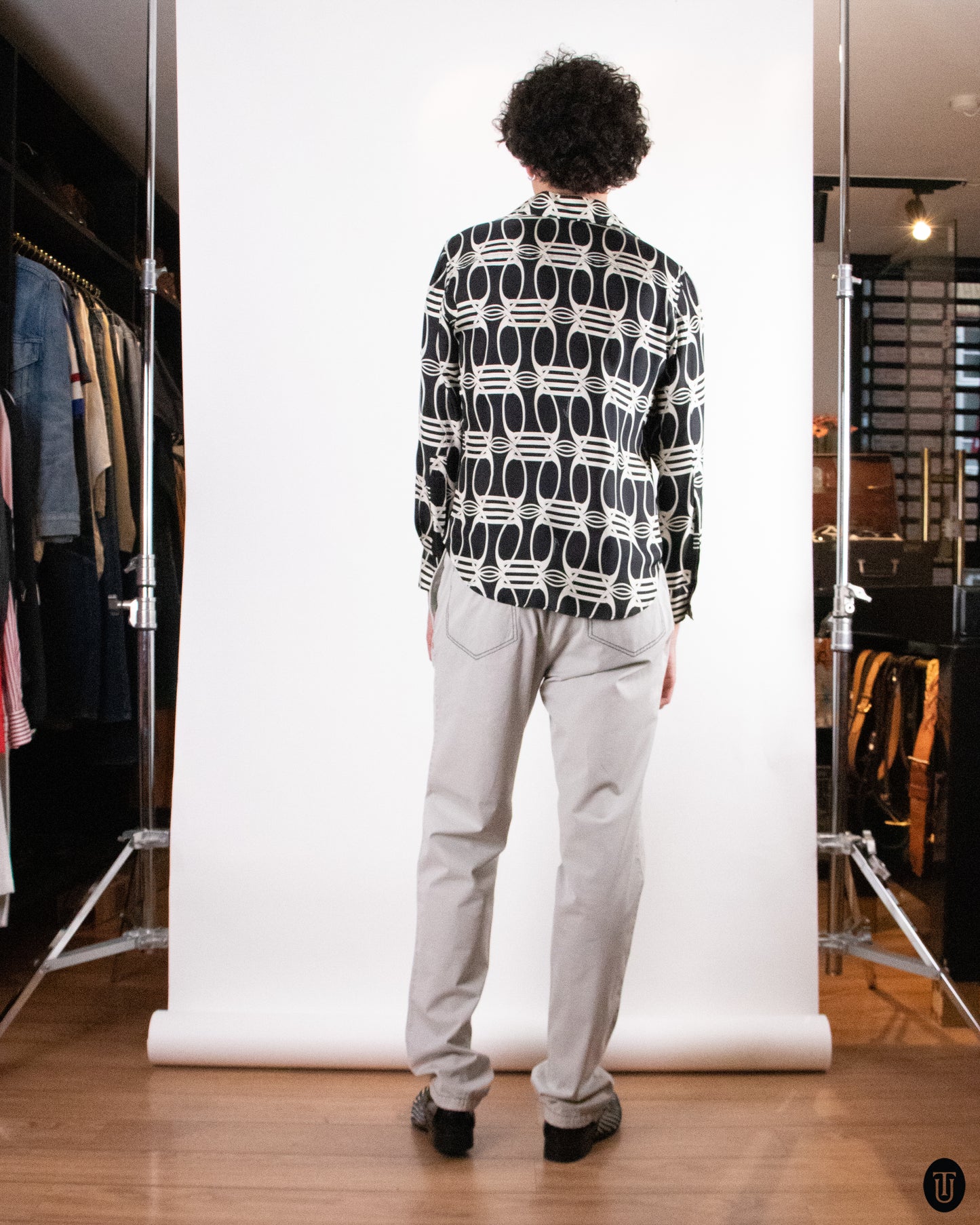 70's Gucci Horse-Buckle Print Silk Shirt L