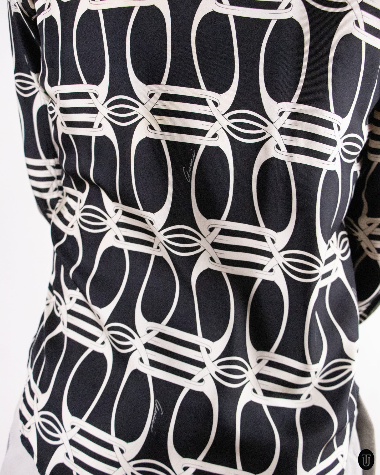 70's Gucci Horse-Buckle Print Silk Shirt L