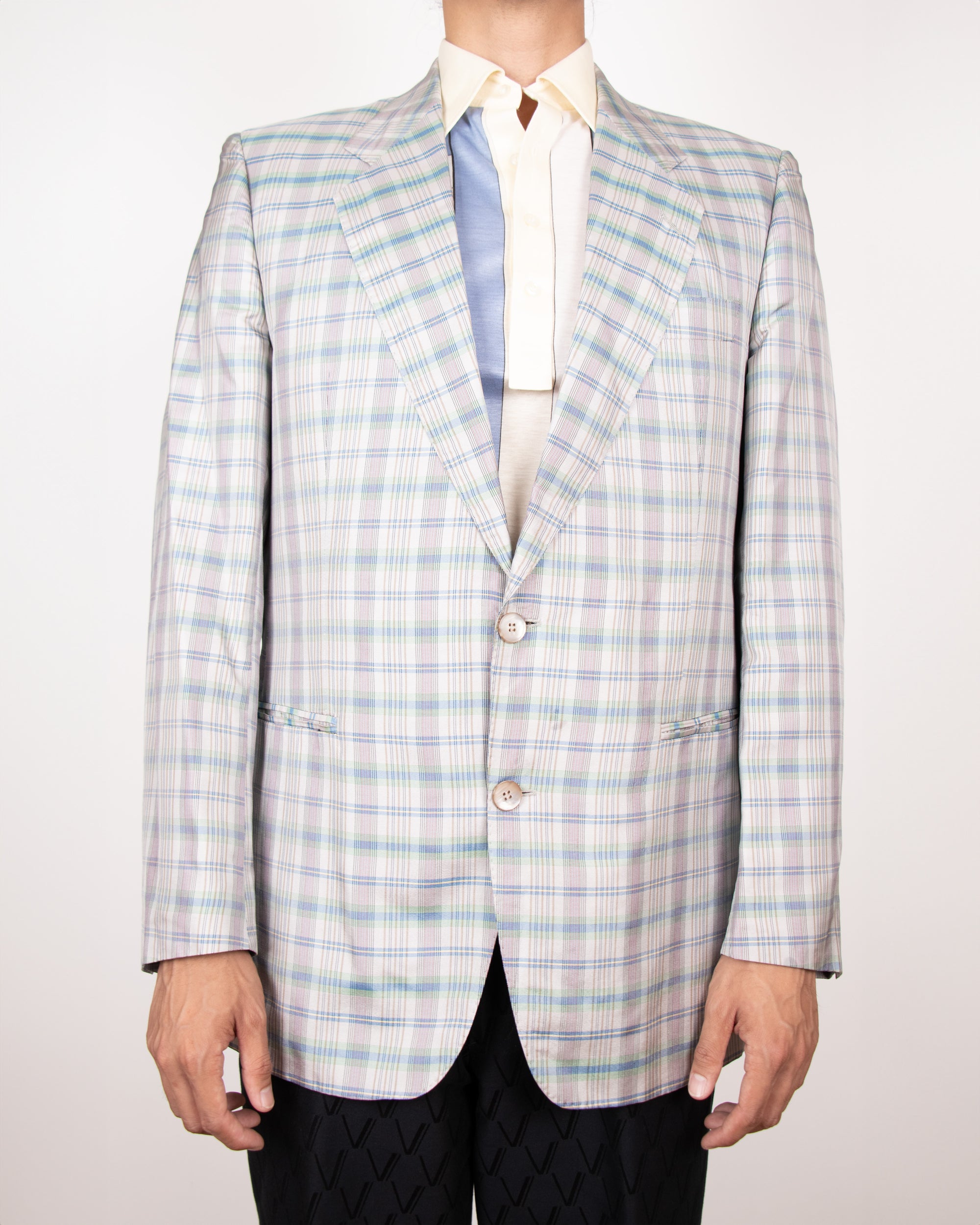 1980s Hugo Boss Silk Light Grey Checkered Blazer M