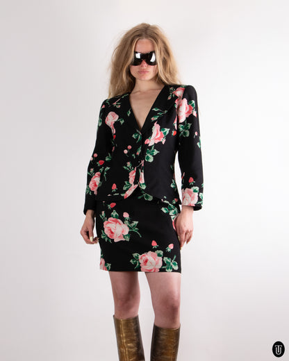 80's Ungaro Rose Print Skirt Suit S
