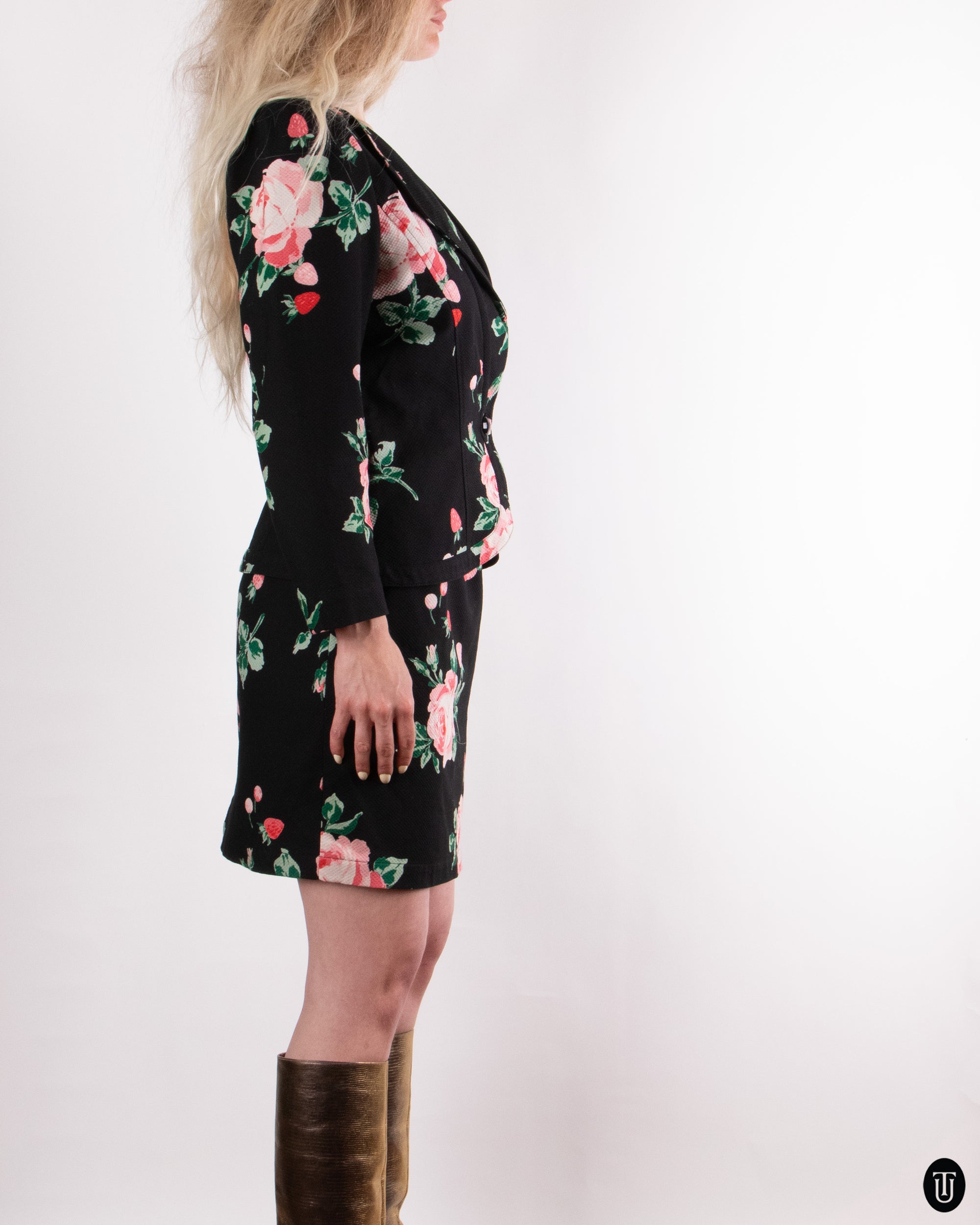 80s Ungaro Rose Print Skirt Suit S