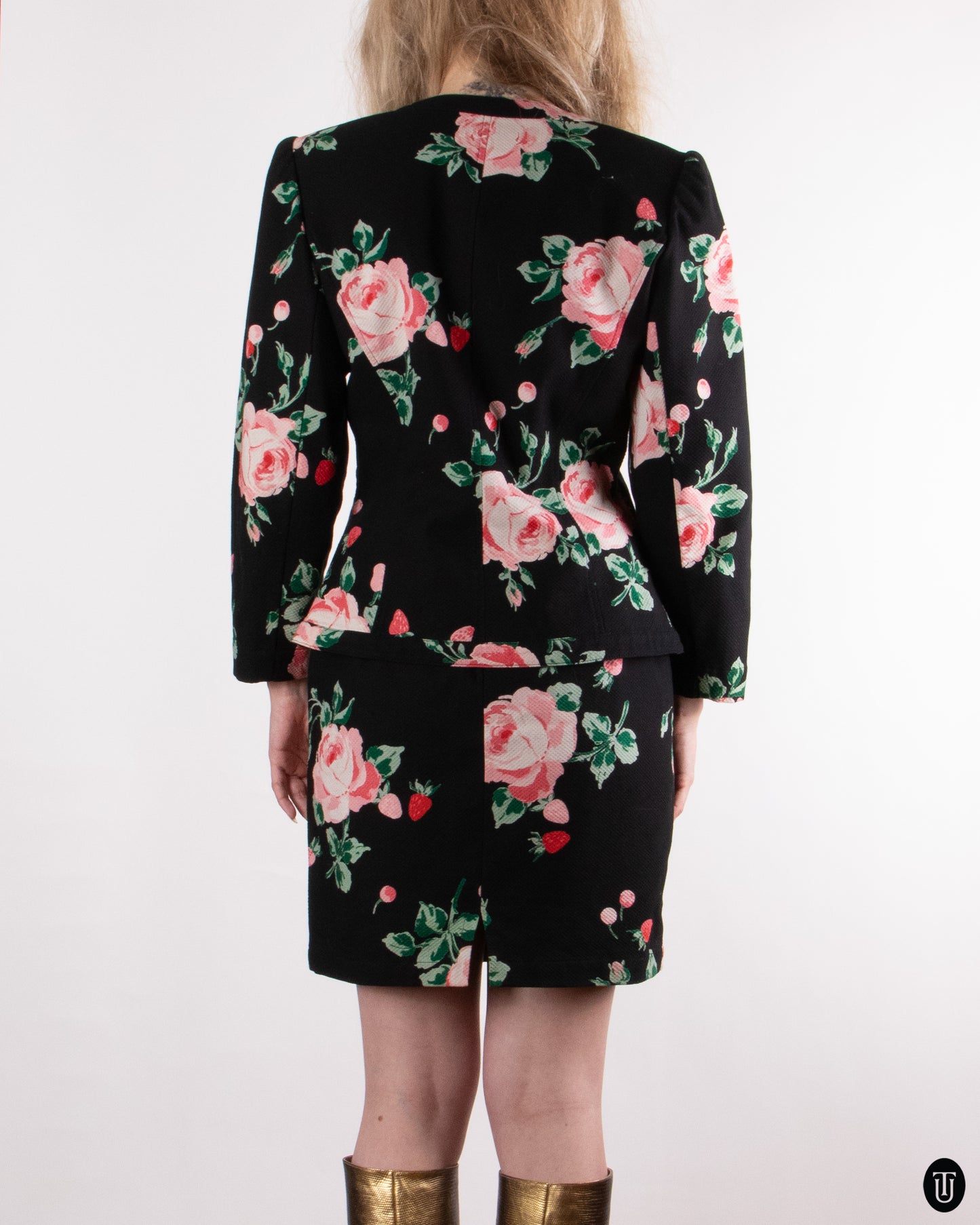 80's Ungaro Rose Print Skirt Suit S