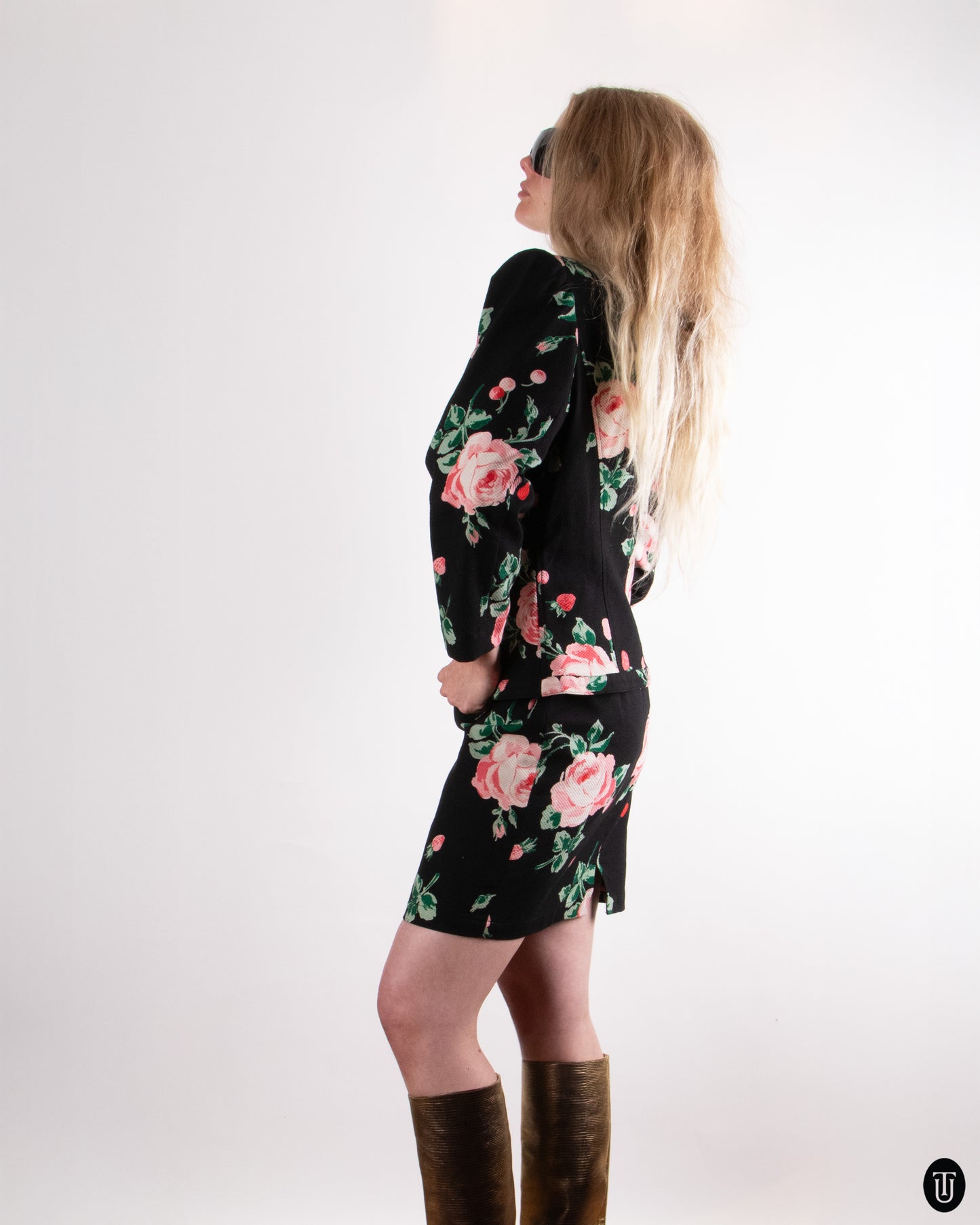 80's Ungaro Rose Print Skirt Suit S