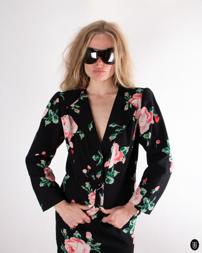 80's Ungaro Rose Print Skirt Suit S