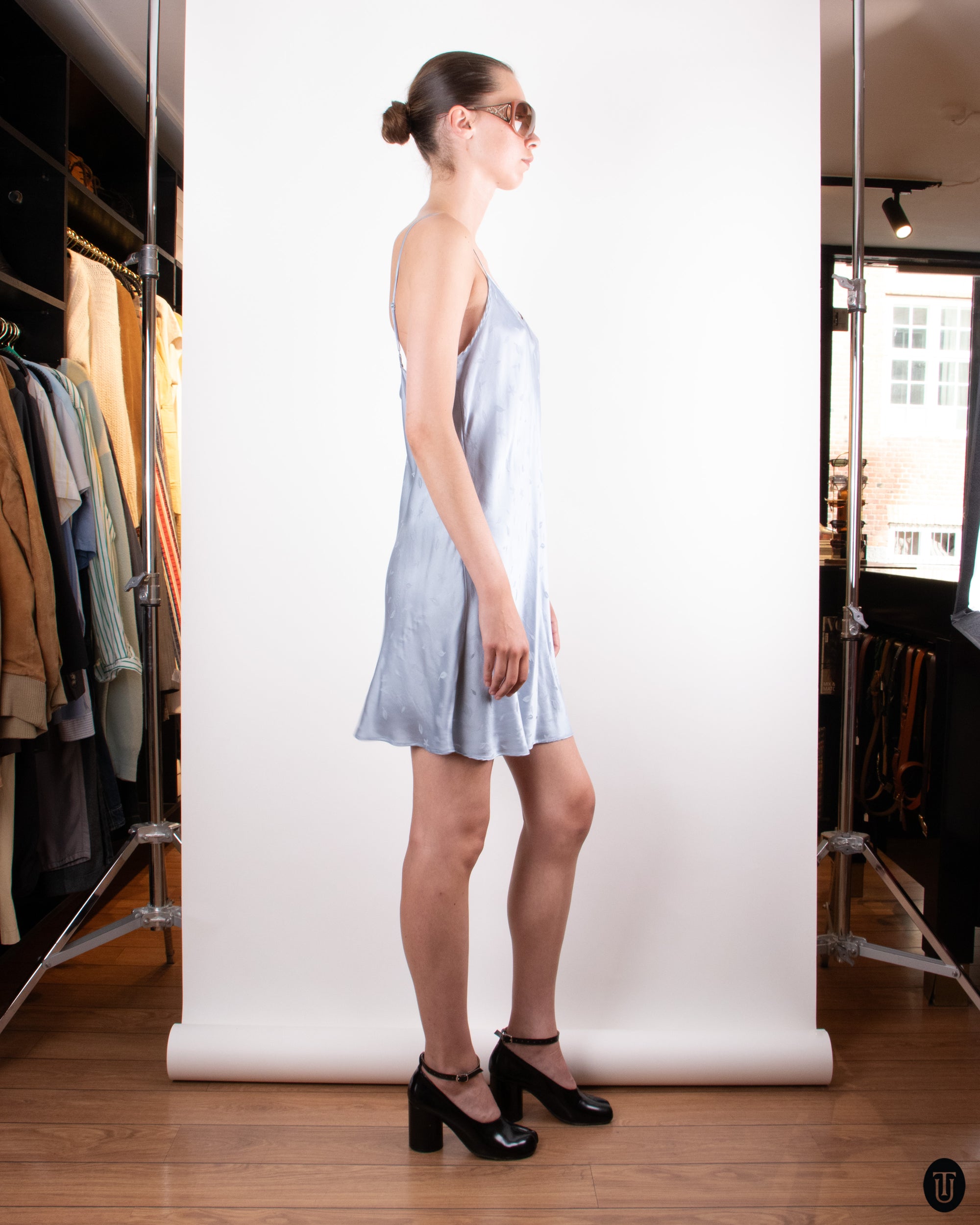 90's Blue Silk Slip Dress L