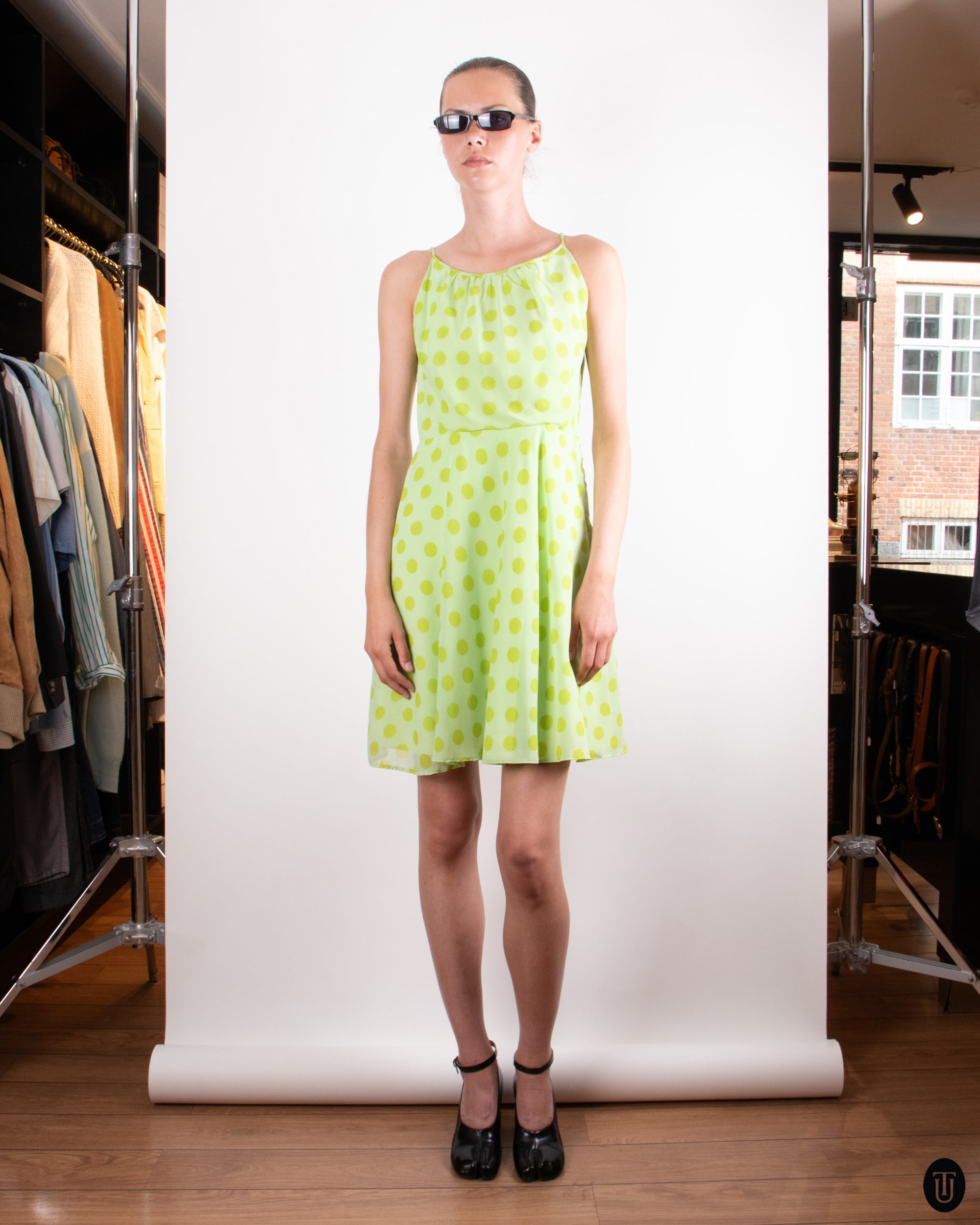 90's Lime Green Polka Dot Dress S