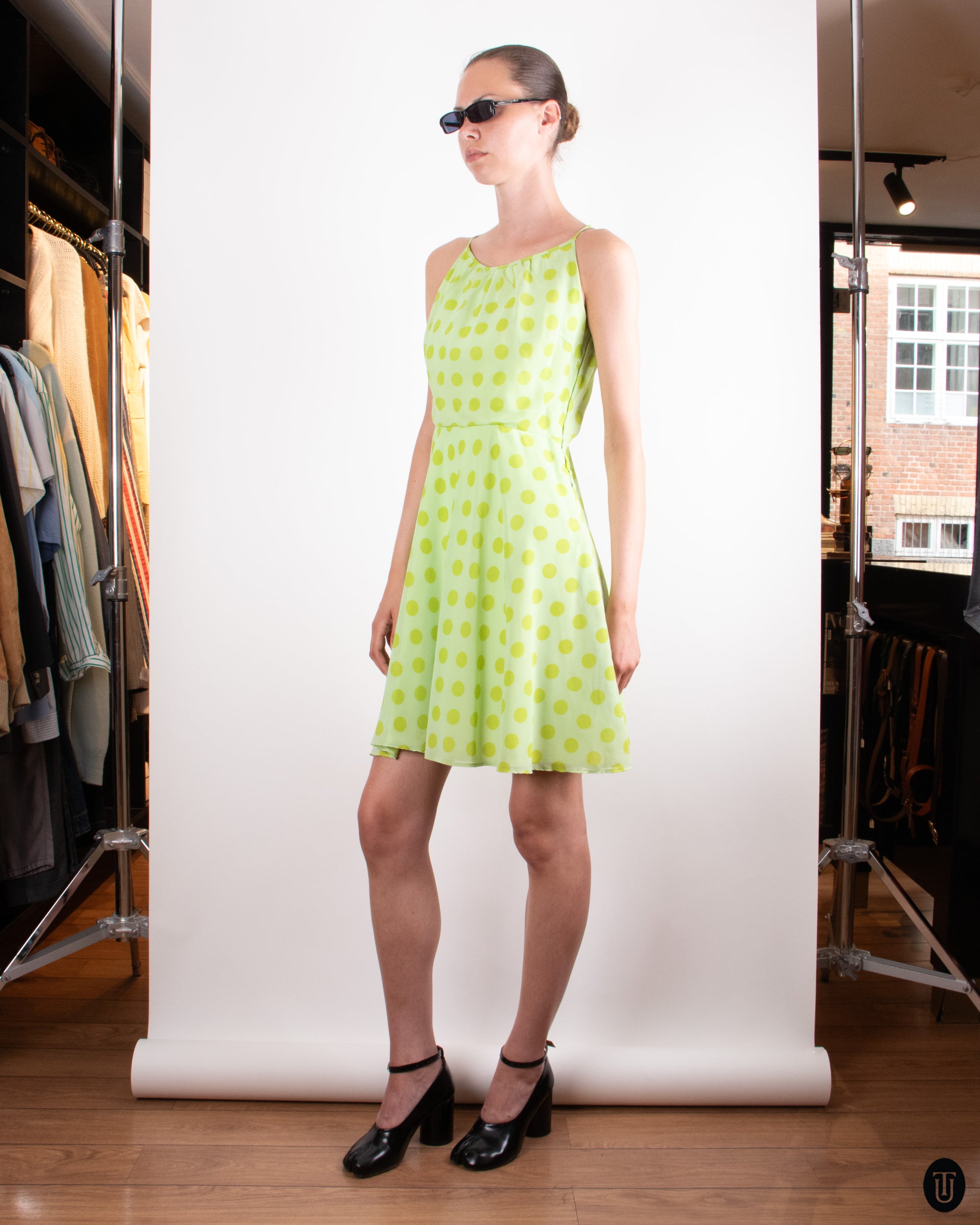 90's Lime Green Polka Dot Dress S