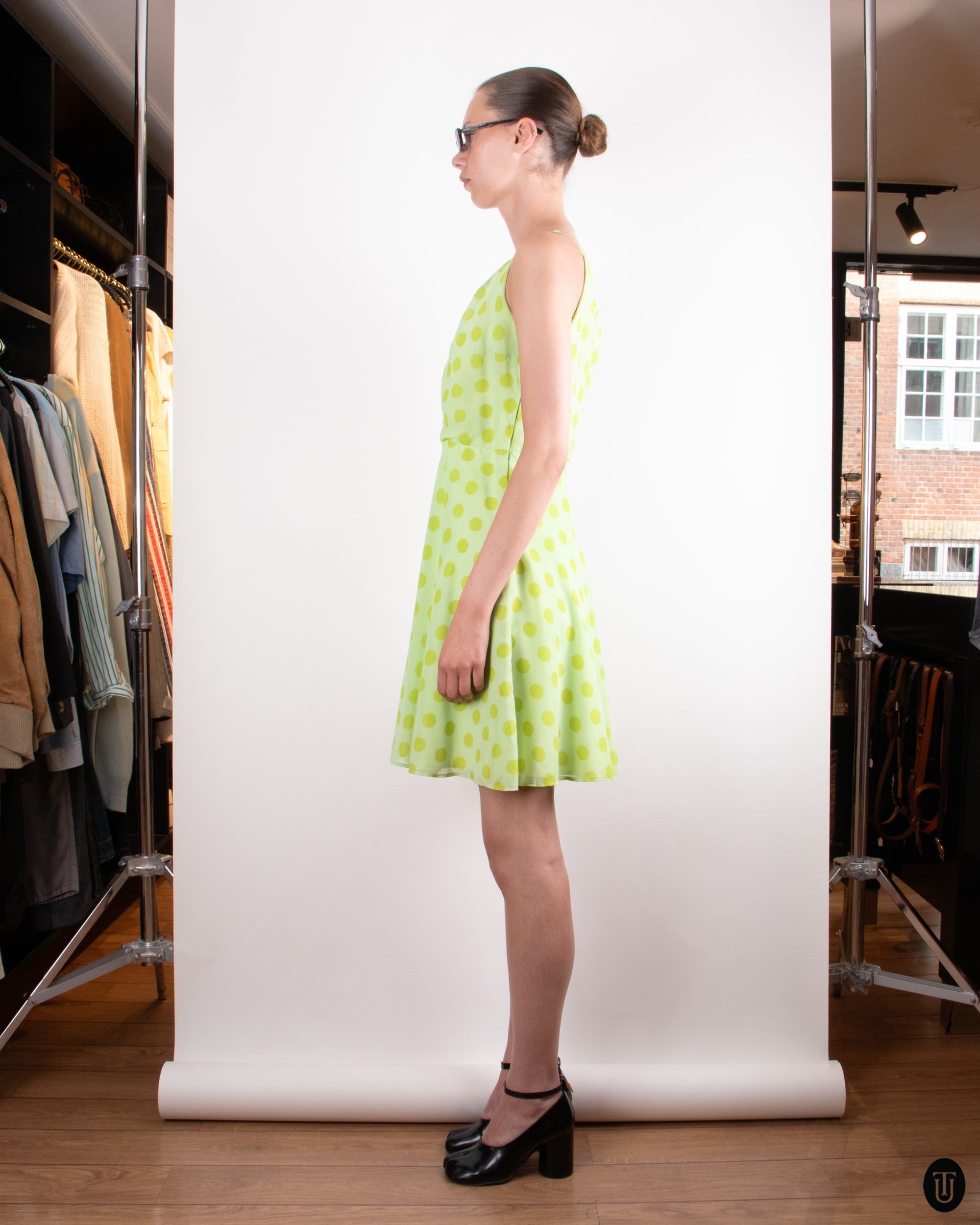 90's Lime Green Polka Dot Dress S