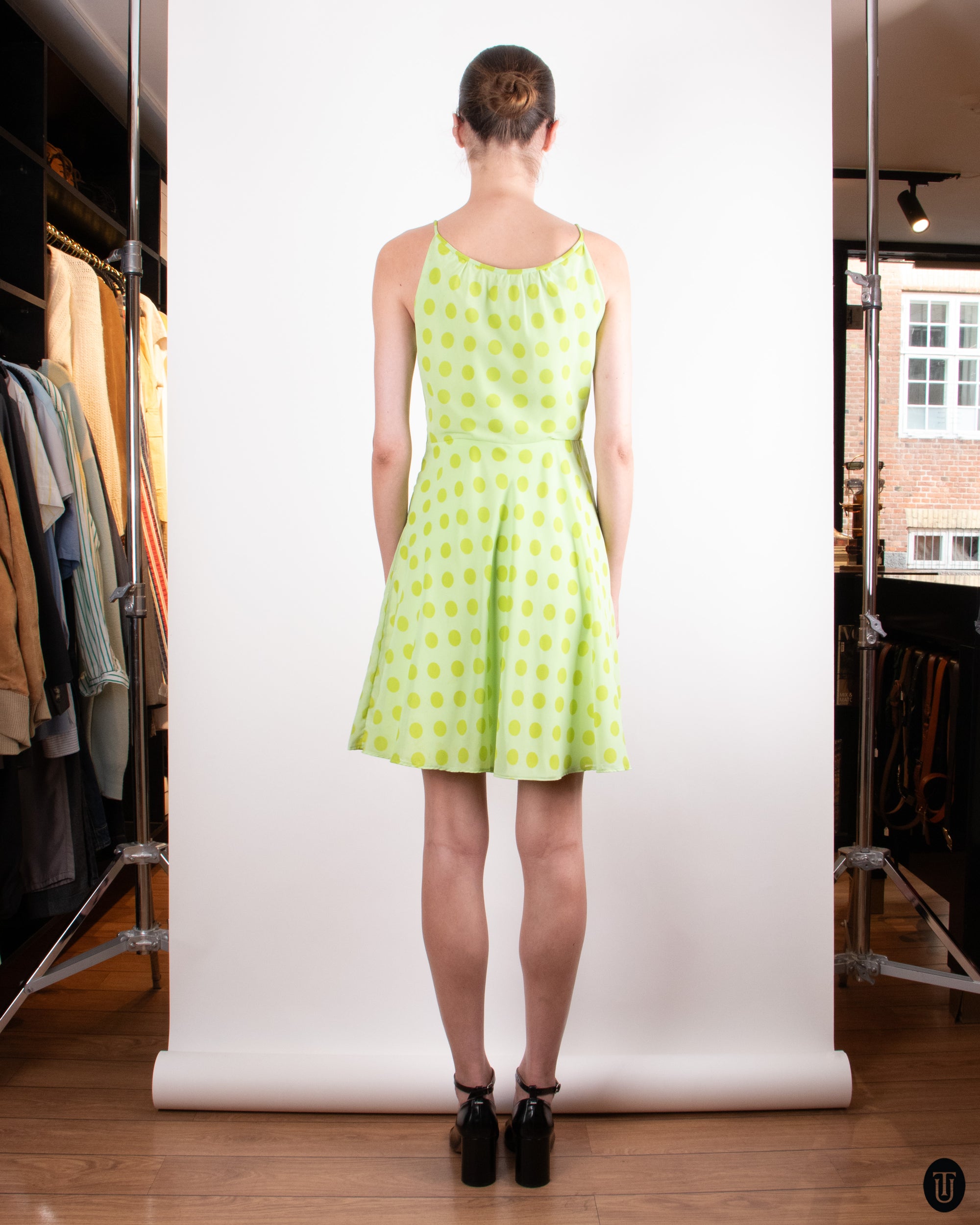 90's Lime Green Polka Dot Dress S