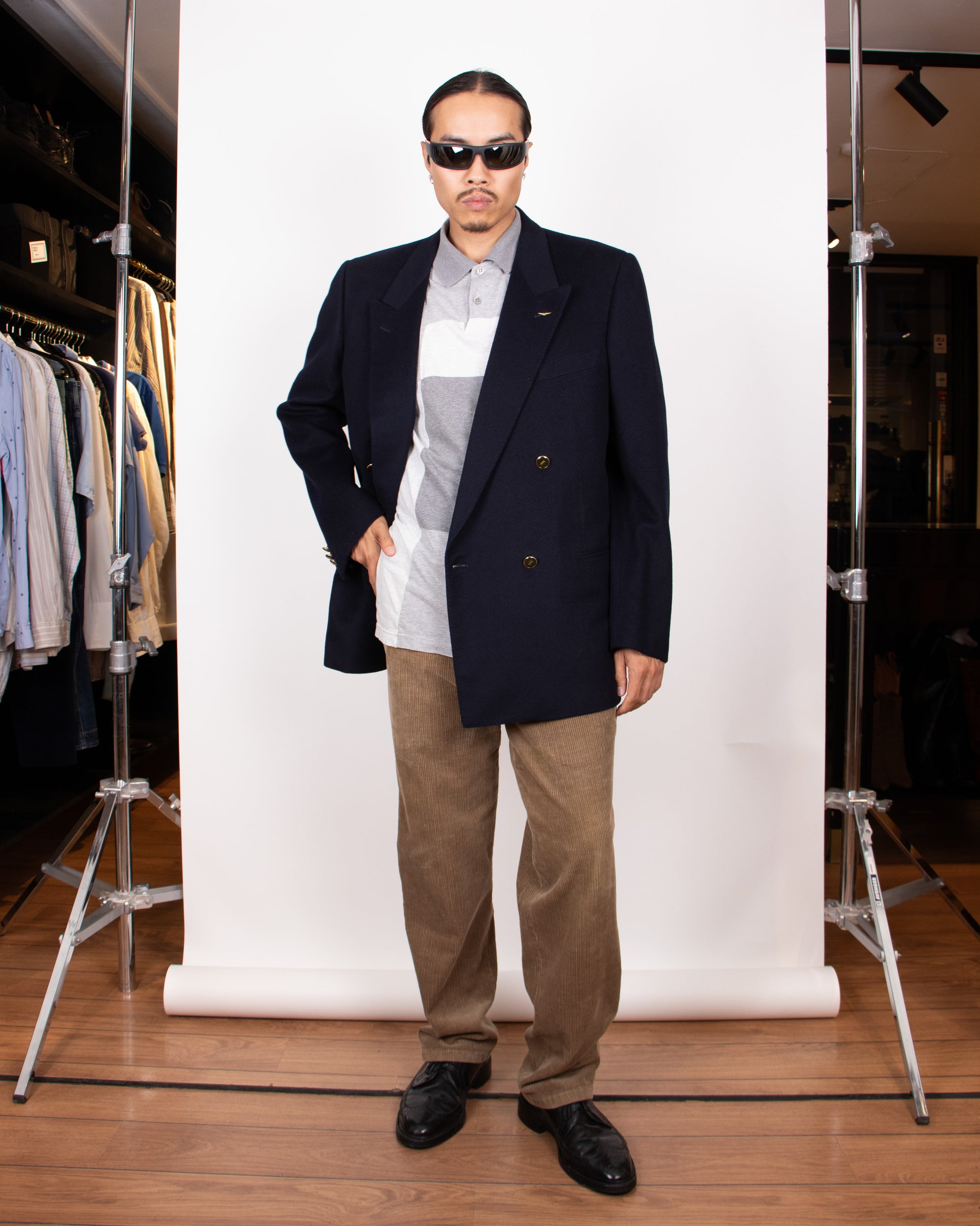 80s Yves Saint Laurent Wool Double Breasted Blazer with Flight Pin M