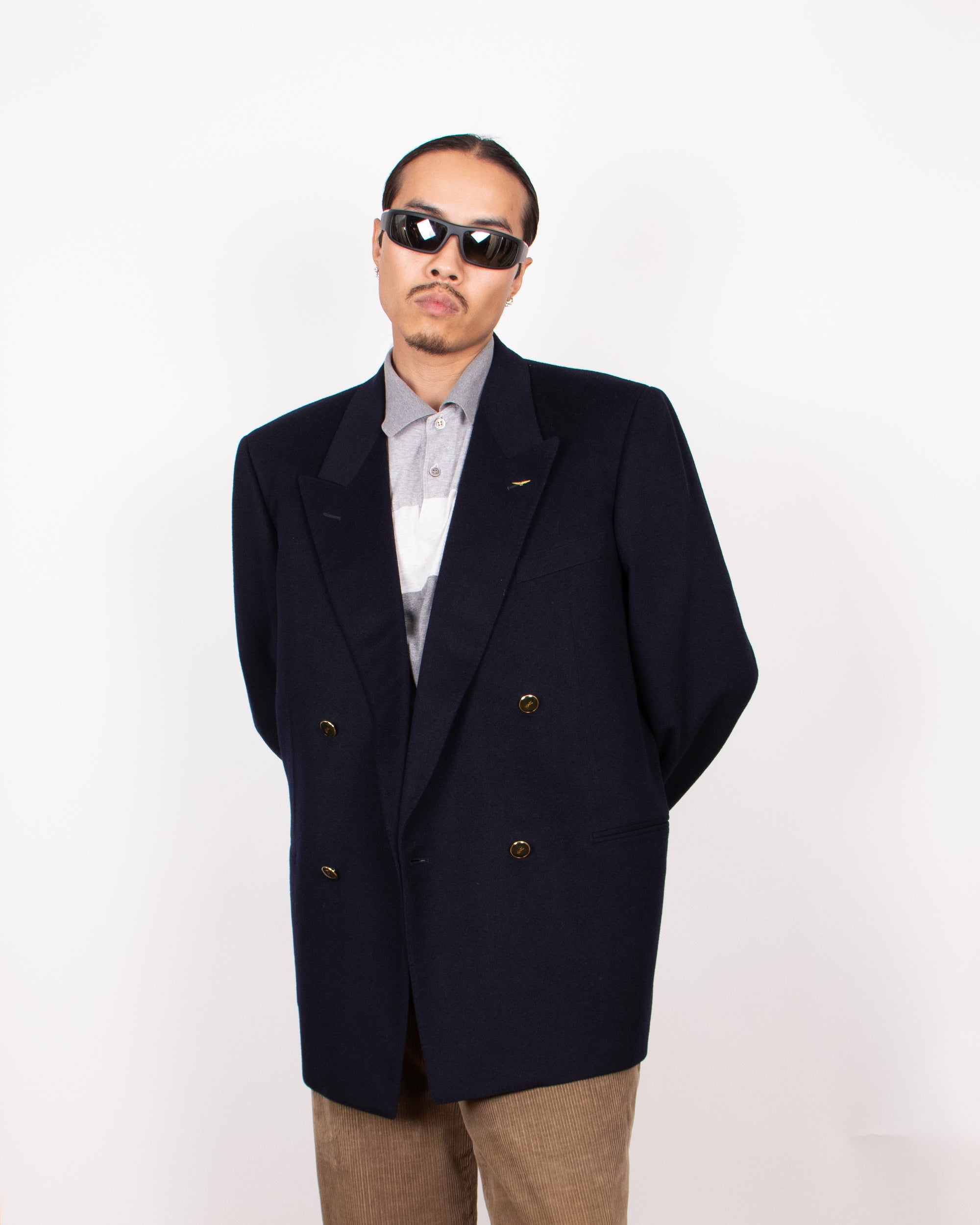 80s Yves Saint Laurent Wool Double Breasted Blazer with Flight Pin M
