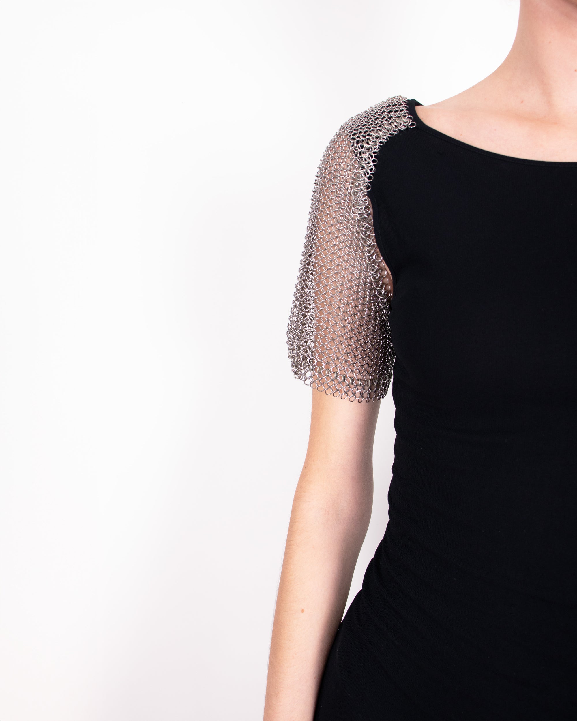 2000s Paco Rabanne Black Mini Dress with Metal Chain Sleeves XS