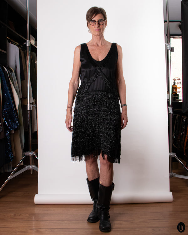 20's Black Fringed Flapper Dress L