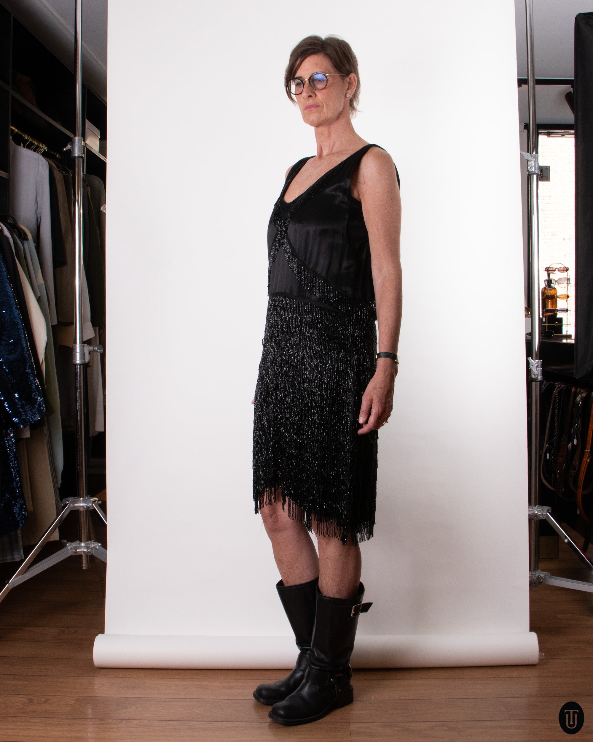 20's Black Fringed Flapper Dress L