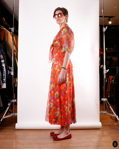 70's Floral Silk Dress With Matching Shirt M