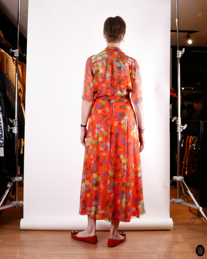 70's Floral Silk Dress With Matching Shirt M