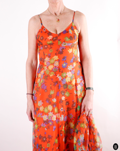 70's Floral Silk Dress With Matching Shirt M