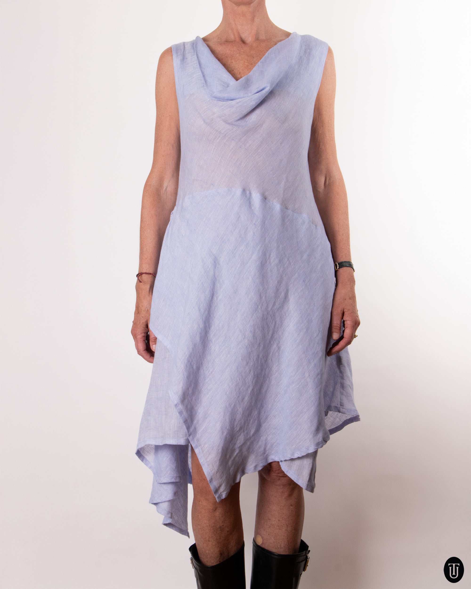 90's Blue Linen Cowl Neck Dress M