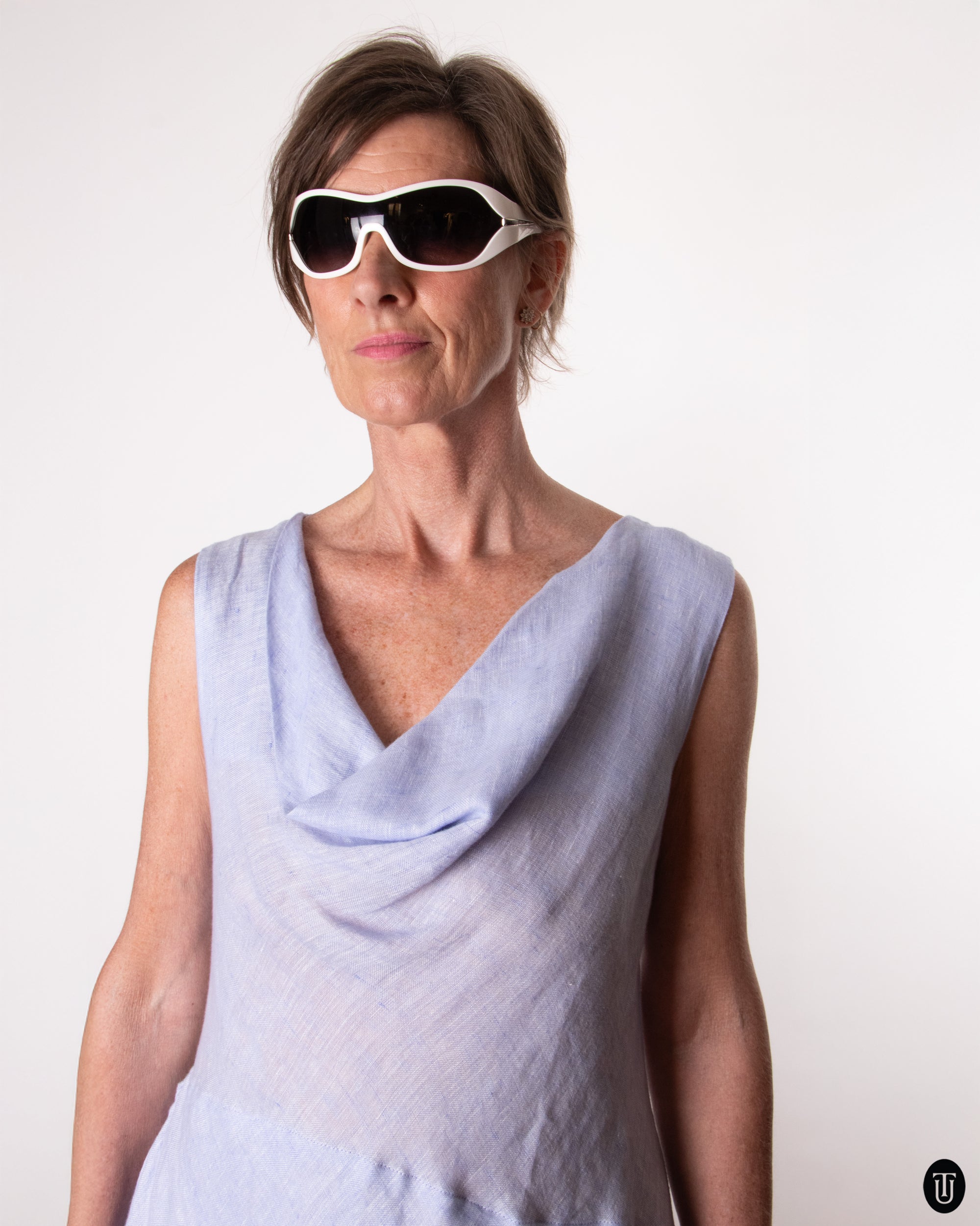 90's Blue Linen Cowl Neck Dress M