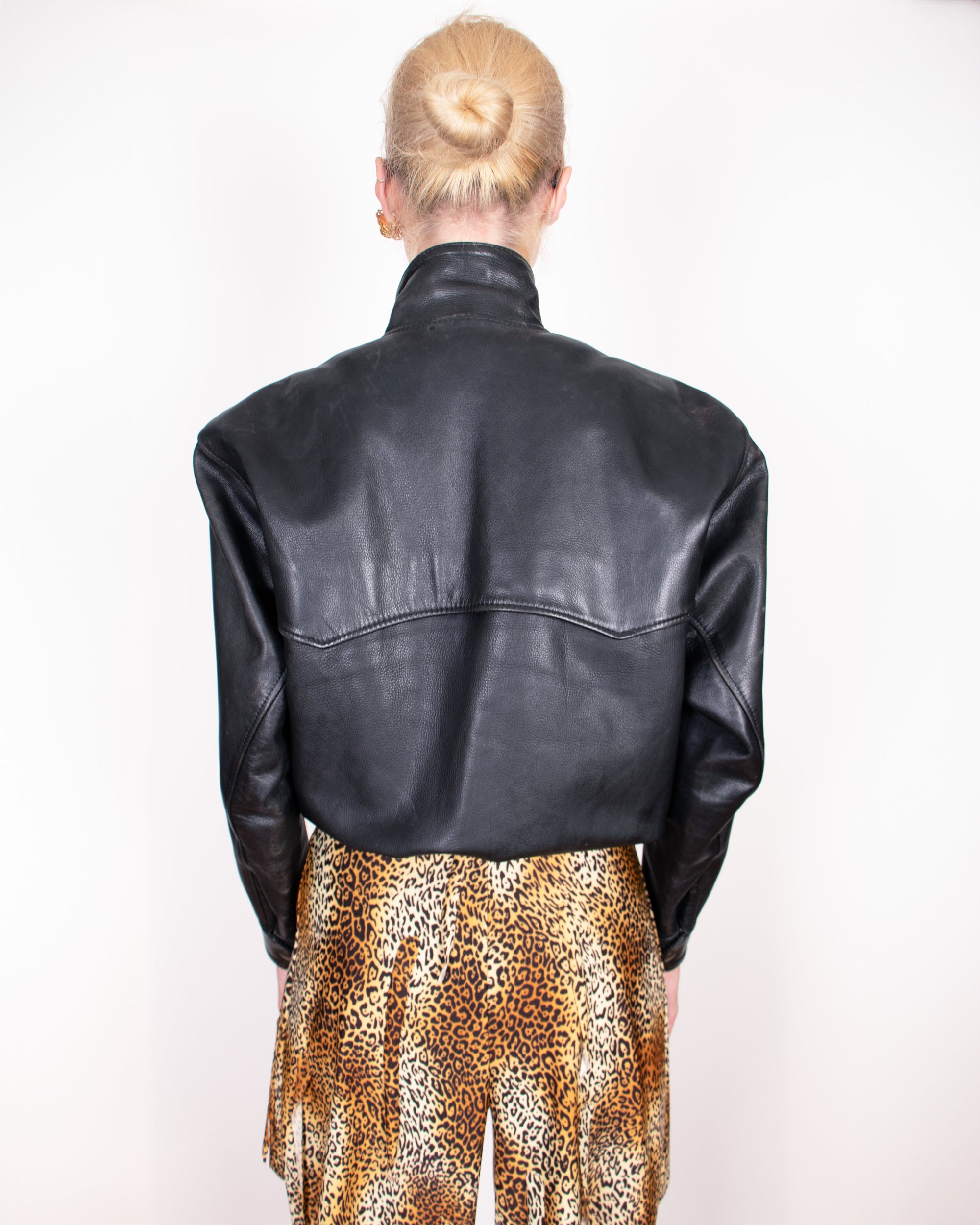 1980s Pair Slope Black Leather Bomber Jacket S