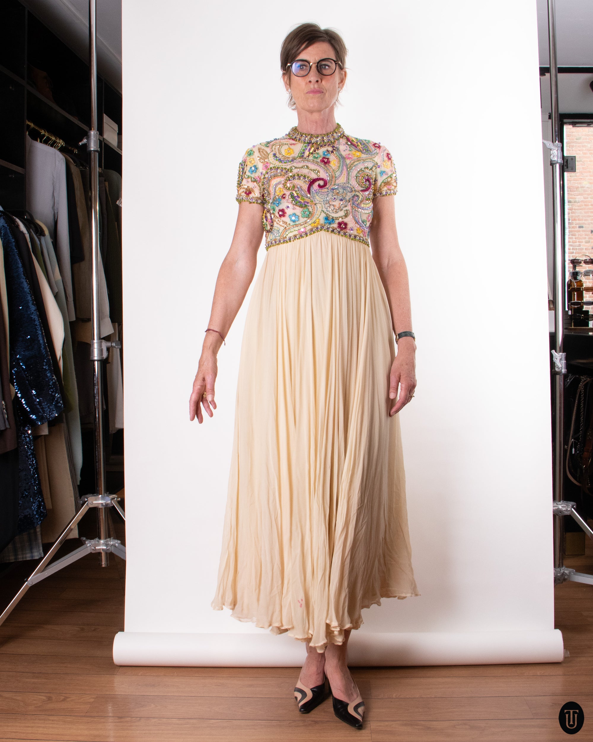 60's Embellished Silk Dress M