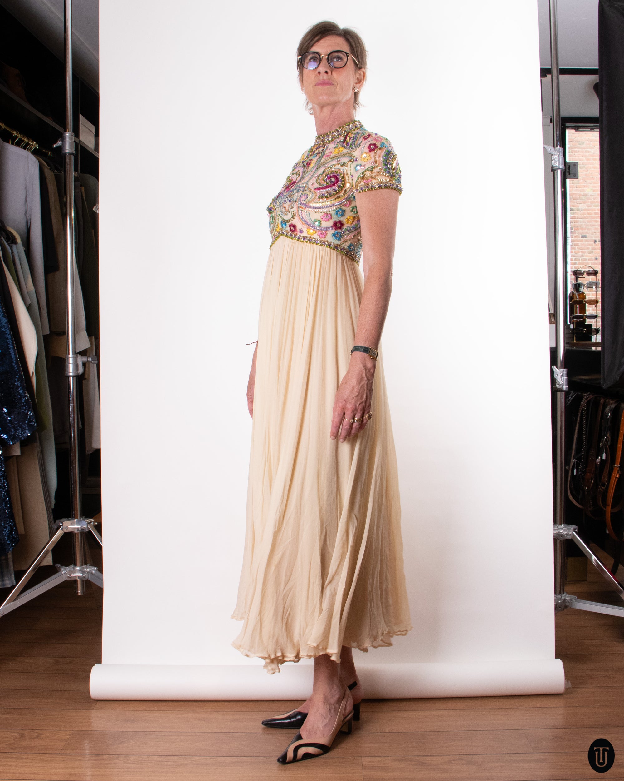 60's Embellished Silk Dress M